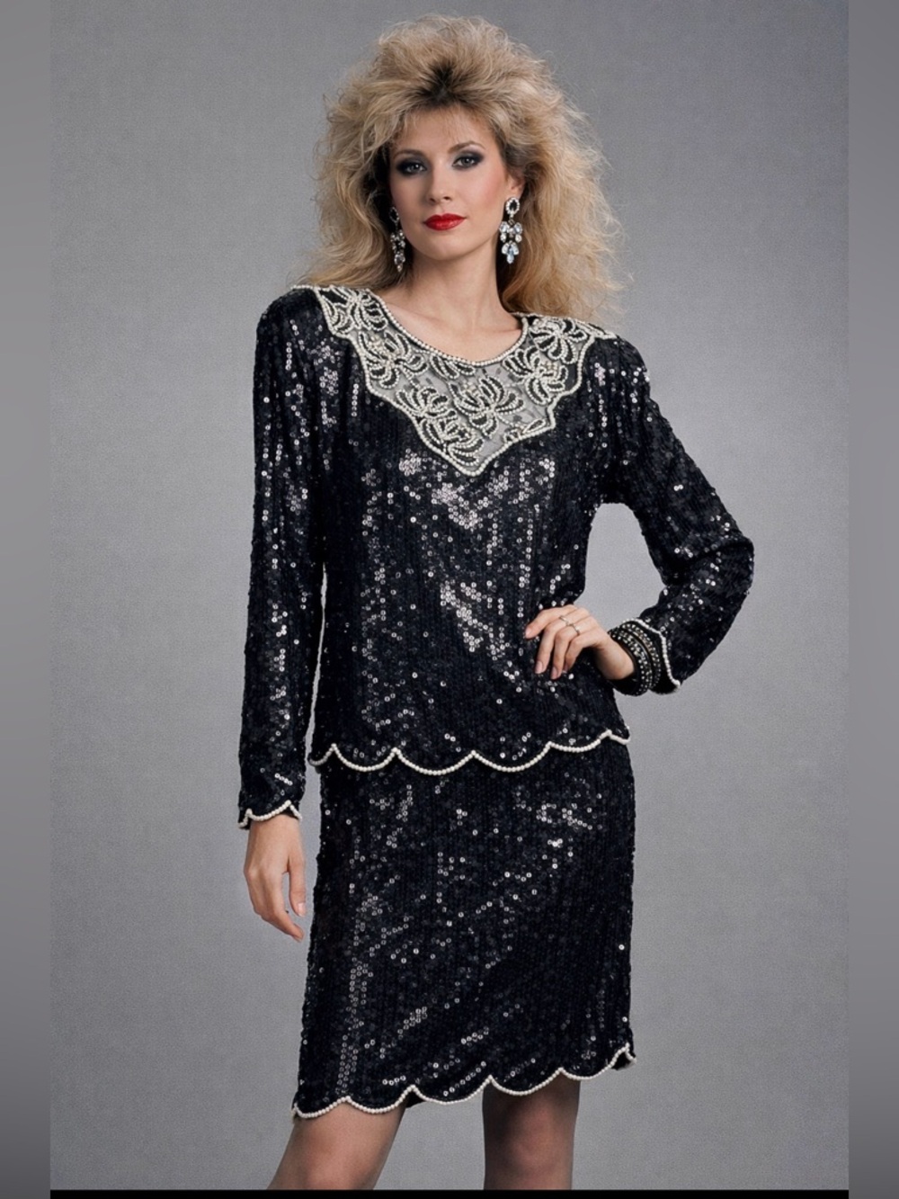 VTG Eve's Allure Black Silk Sequin Skirt Set 2pc Beaded Scalloped Hem Glam L/XL
